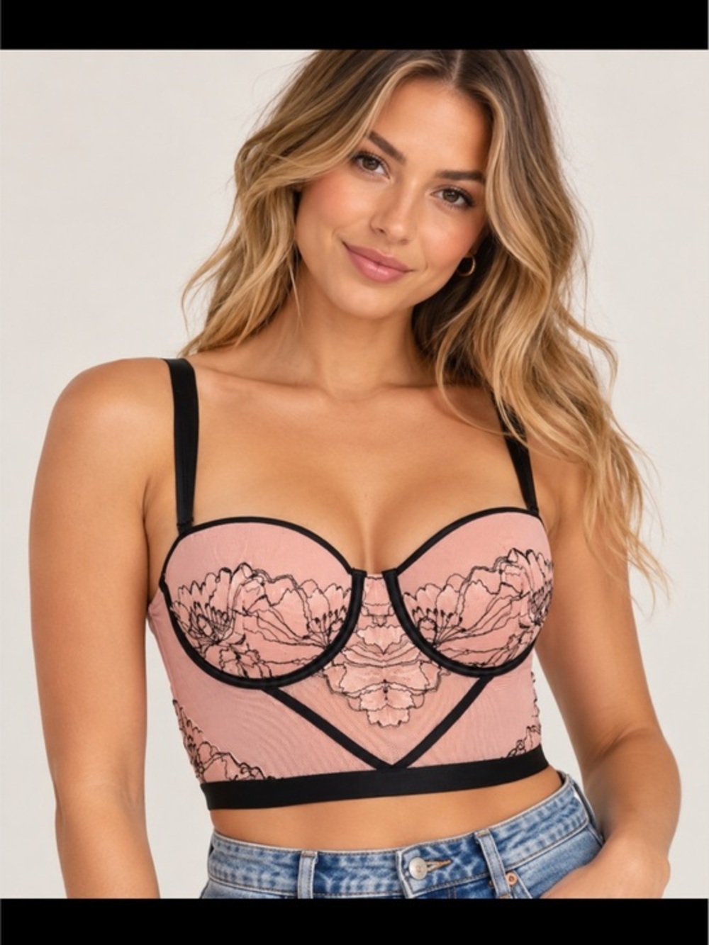 Auden Pink Black Floral Embroidered Longline Bustier Bra Top Size M